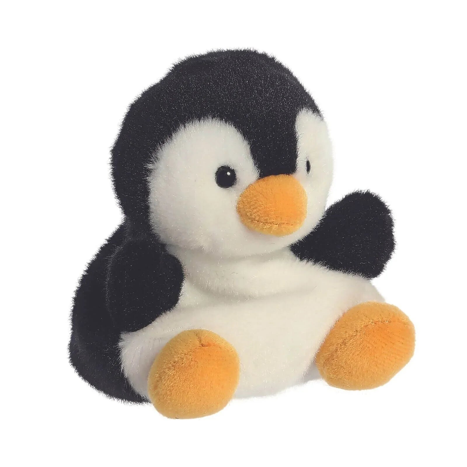 Black and white penguin plush toy with orange beak and feet, soft stuffed body.