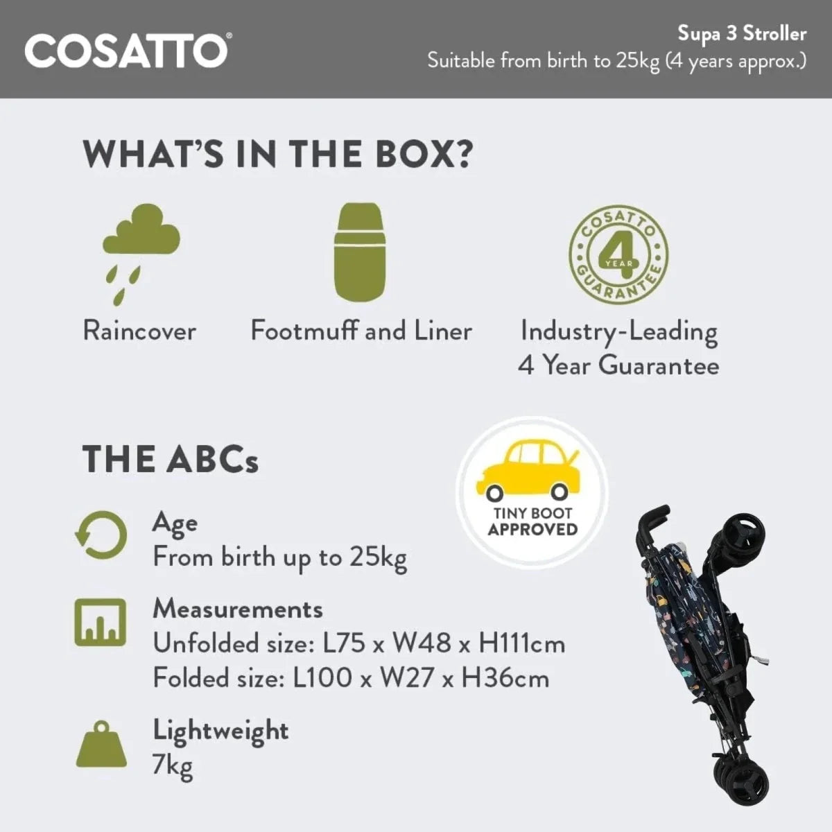 Stroller info card showing box contents, measurements, and 4-year warranty