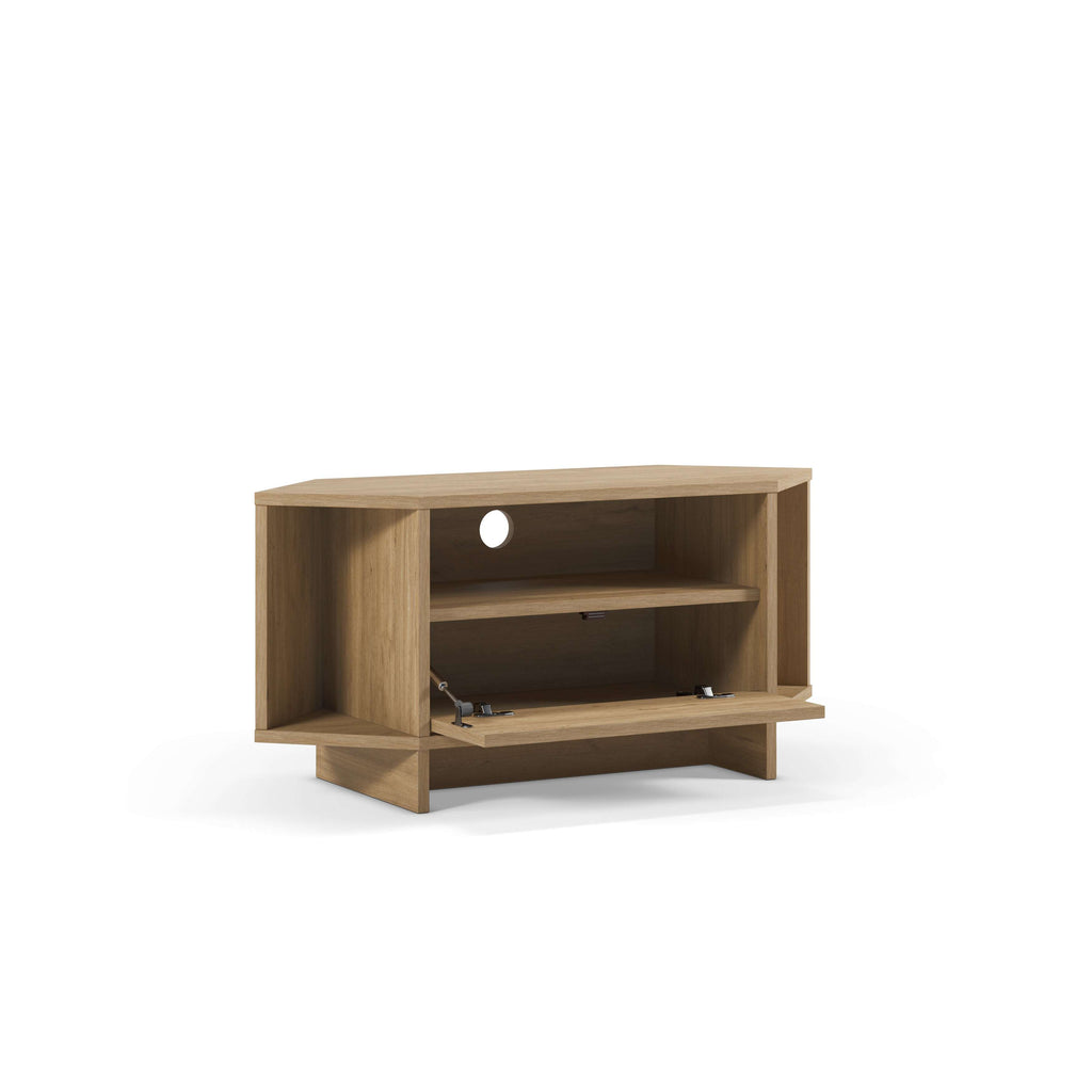 Corner TV unit with open shelves and drawer, warm oak wood finish.