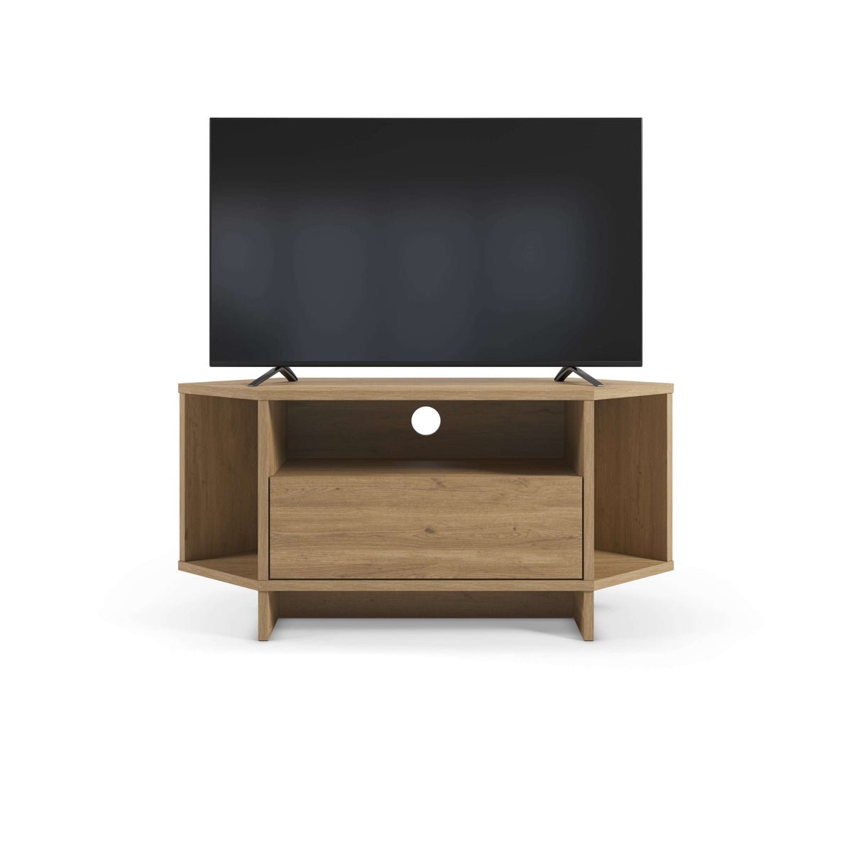 Corner TV unit with open shelves and cabinet drawer, medium oak finish.