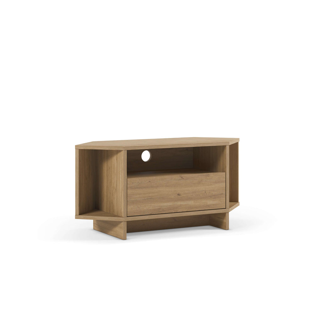 Corner TV unit with cabinet drawer and open shelves, warm oak wood finish.