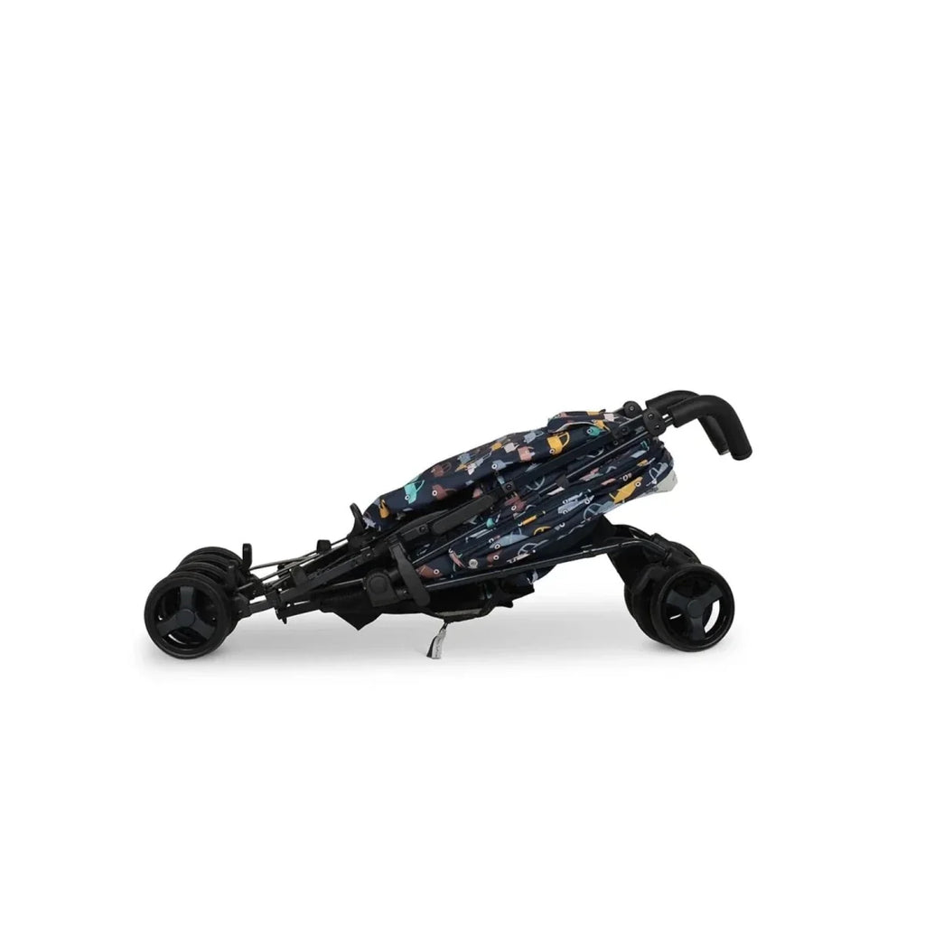 Stroller side view with car-print seat, dark hood and black chassis, four wheels