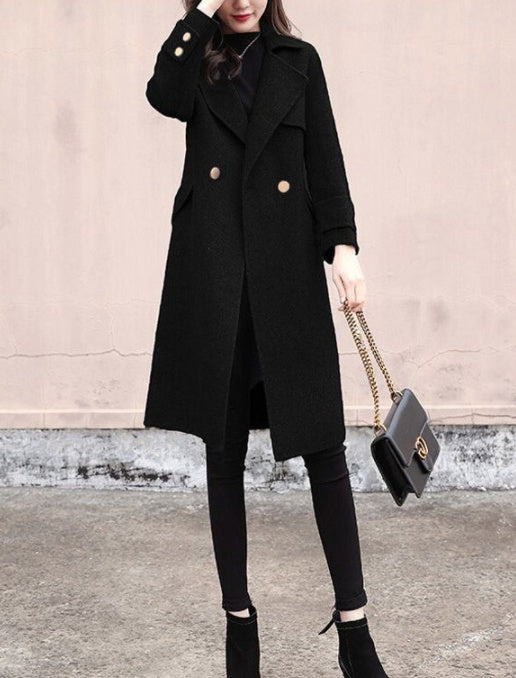 Women's Mid-Length Hepburn Style Woolen Coat - Classic Vintage Winter Jacket