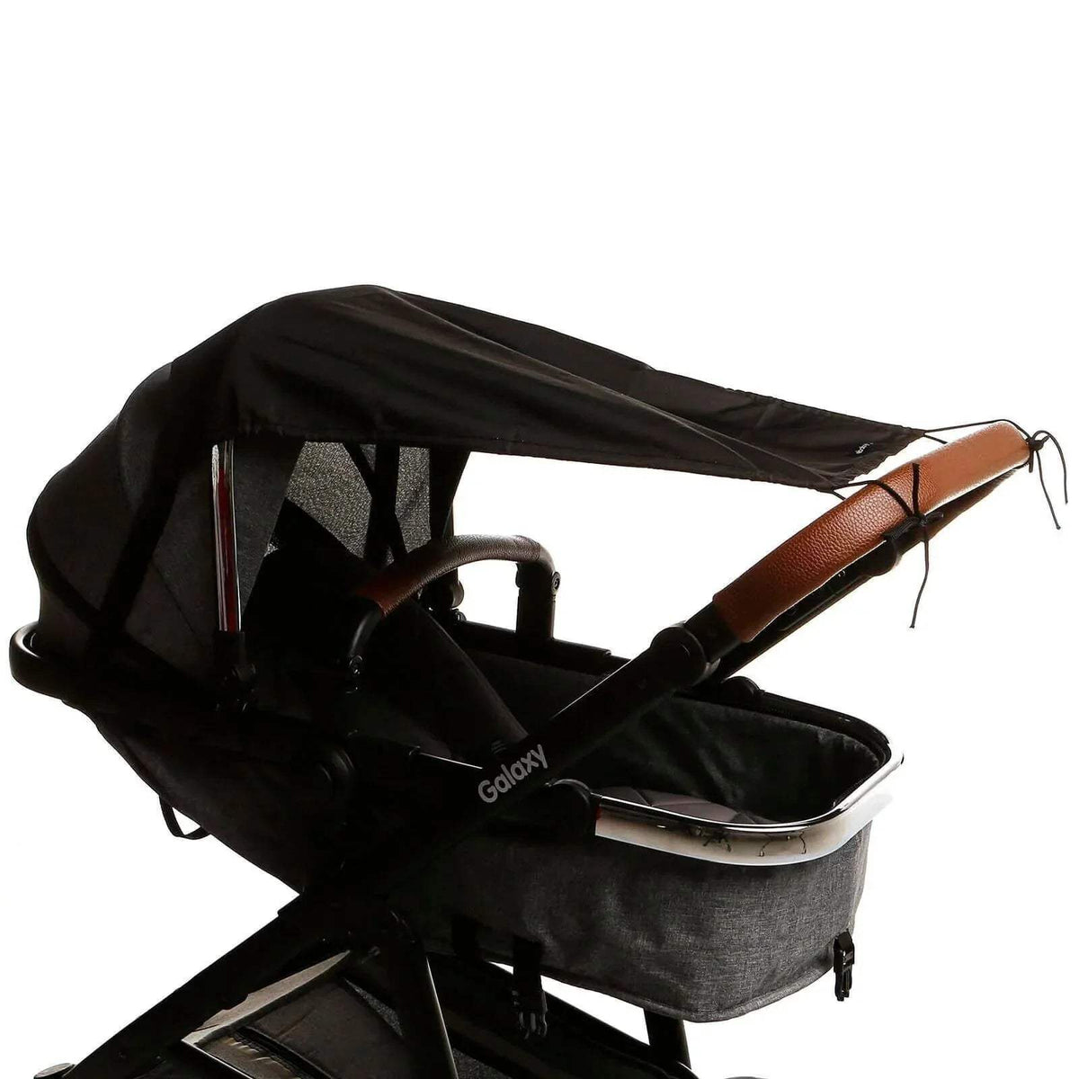Black stroller sunshade canopy with tie cords attached to the stroller frame