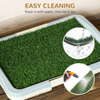 Green artificial grass puppy training pad with water spray and cleaning details