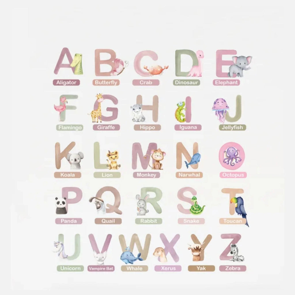 Alphabet wall sticker sheet with multicolor animal-letter icons