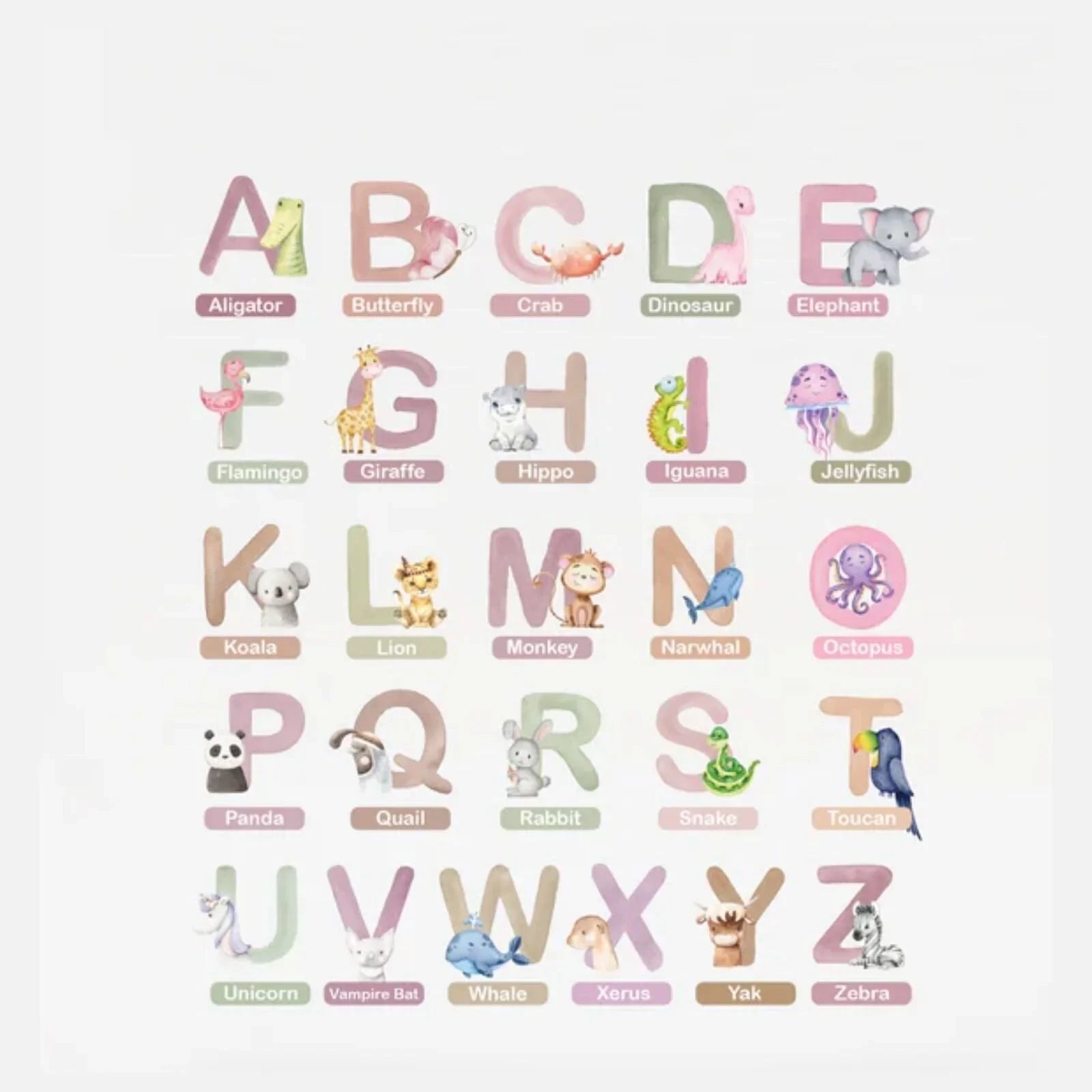 Alphabet wall sticker sheet with multicolor animal-letter icons