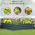 Green square raised garden bed with mixed herbs and flowers, open-top slatted sidewalls