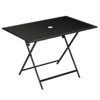 Black folding outdoor dining table with tempered glass top and parasol hole