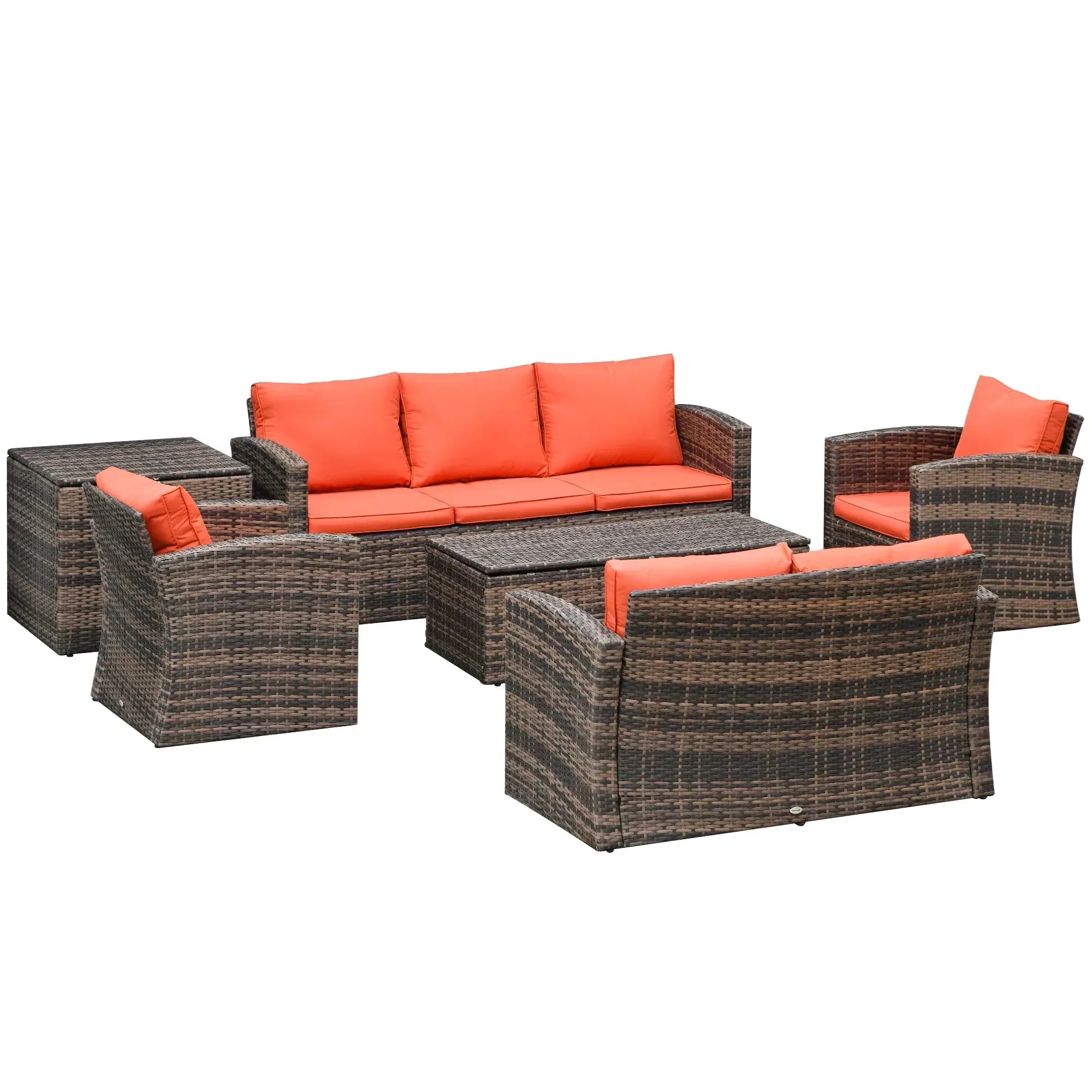 6 Pieces Rattan Garden Furniture Set, 7 Seater Wicker Outdoor Furniture Set with Storage Tea Table & Side Table, Sectional Garden Sofa Set with Cushions, Orange - Bobobiy
