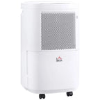 White portable electric dehumidifier with front air vent and caster wheels
