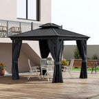 Dark grey hardtop gazebo with roof and hanging curtain panels on a wooden deck