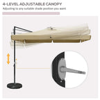 Khaki 4-level adjustable cantilever parasol canopy with crank mechanism details