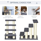 Grey 4-step pet stairs with multiple levels and sisal rope-wrapped support posts