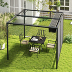 Grey metal pergola with retractable fabric canopy over outdoor dining set