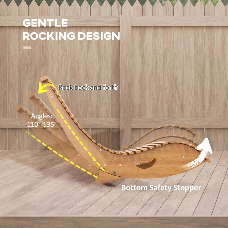 Wooden rocking chair with ergonomic slatted seat and back, bottom safety stopper