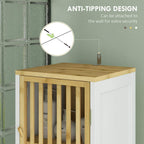 Bamboo slatted cabinet door with white frame and wooden top on a tall bathroom cabinet