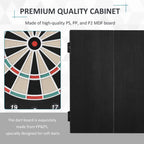 Black electronic dartboard cabinet with textured target face detail and side panel view