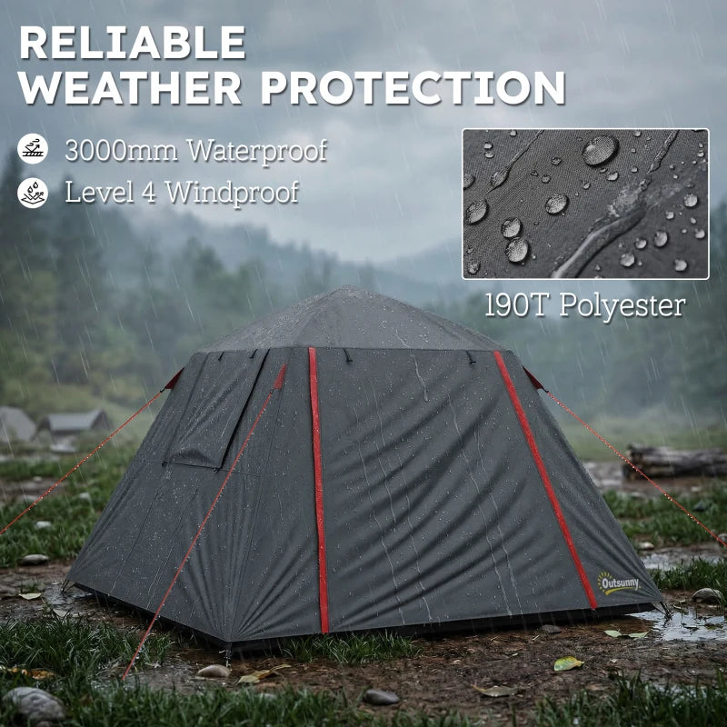 Dark grey camping tent with red trim and rain-speckled roof fabric