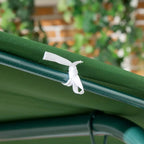 Close-up of green canopy fabric tied to the swing chair support bar
