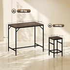 Rustic brown bar table with two stools shown with size measurements