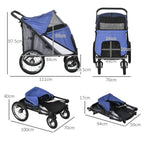 Blue foldable pet stroller with mesh canopy and size diagram showing overall dimensions