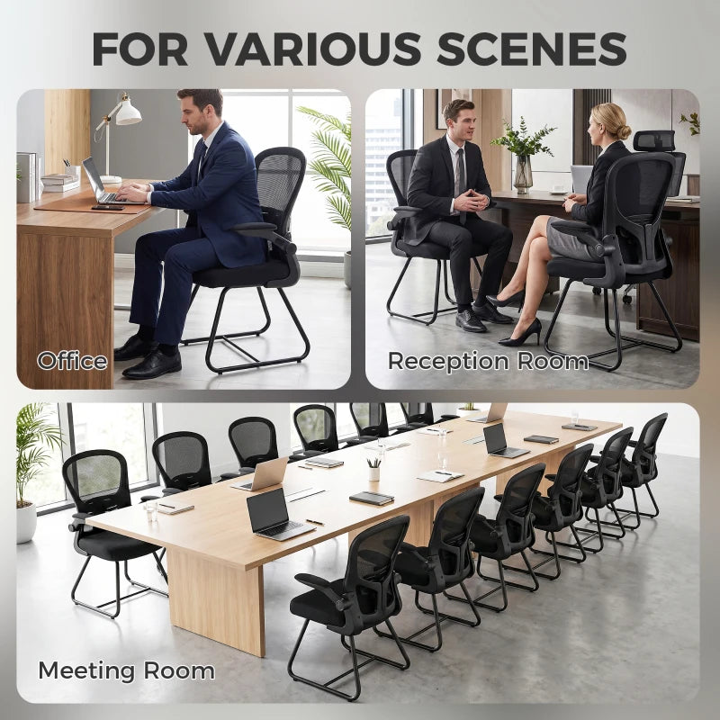 Black mesh-back reception chair with flip-up armrests and steel base