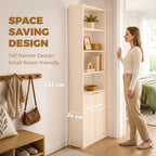 White tall narrow bookcase with ribbed cabinet doors and multiple open shelves