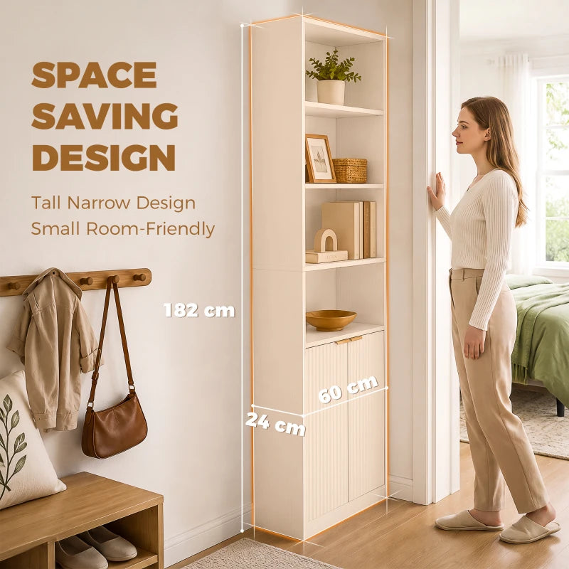 White tall narrow bookcase with ribbed cabinet doors and multiple open shelves