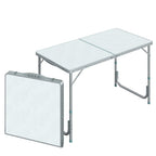 White portable foldable table with aluminum frame, hinged legs for easy setup