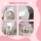 White kids vanity table set features rounded edge, curved legs, bunny mirror, pink stool