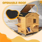 Outdoor wooden cat house with openable roof panel and black textured cover on top