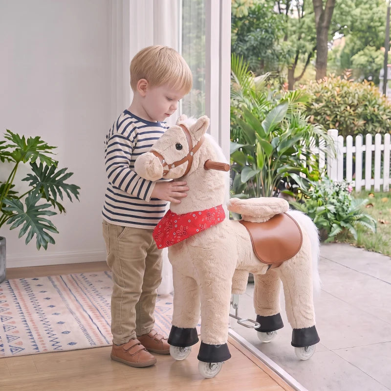 Light brown ride-on horse toy with red skirt, brown saddle, and front wooden handle