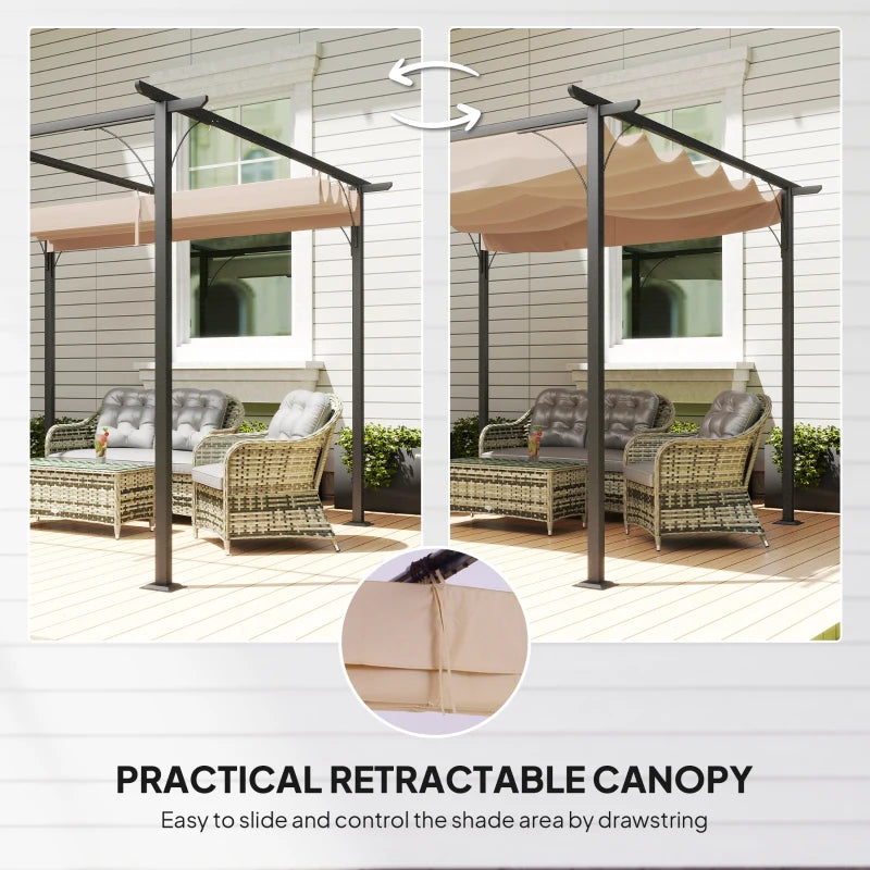Retractable beige canopy metal pergola over patio seating, drawstring shade control