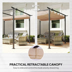 Retractable beige canopy metal pergola over patio seating, drawstring shade control