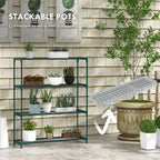 Green four-tier plant shelf with stacked wire-grid tiers and potted plants.