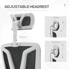 Black mesh adjustable headrest on white frame office chair back