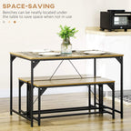 Kitchen dining table set with bench stored under the table, natural wood top and black frame