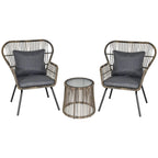 Grey rattan bistro set with two cushioned chairs and round glass-top side table
