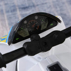 Dashboard display and steering controls on a blue and white police ride-on bike