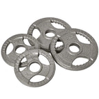 Set of cast iron weight plates, silver finish, with center holes and grip cutouts