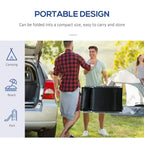 Foldable outdoor lounge chair in compact carry form, black cover and gray steel frame