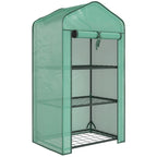 Green mesh mini greenhouse with three wire shelves and roll-up front door