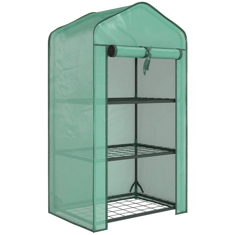 Green mesh mini greenhouse with three wire shelves and roll-up front door