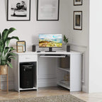 White corner desk with two shelves, keyboard tray, and CPU stand