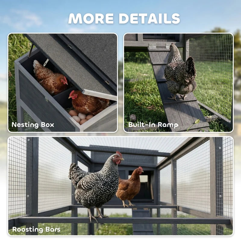Grey chicken coop interior with nesting box, built-in ramp, and roosting bars