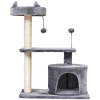 Grey cat tree with tall scratching post, middle perch, and bottom enclosed tunnel condo