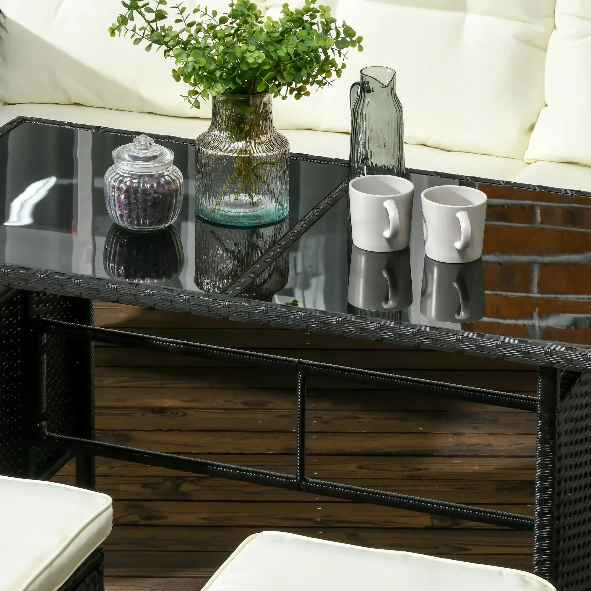 5 Seater Rattan Garden Furniture Set, 6 Piece Garden Sofa Set, Armchairs, 3-Seater Sofa, Footstools, Glass Dining Table, Cushions, Wicker Outdoor Furniture for Conservatory Patio, Cream - Bobobiy