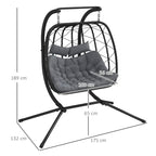 Black hanging egg chair with gray cushions, showing height and width measurements
