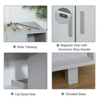 Grey wooden cat litter box enclosure with magnetic door and wide tabletop